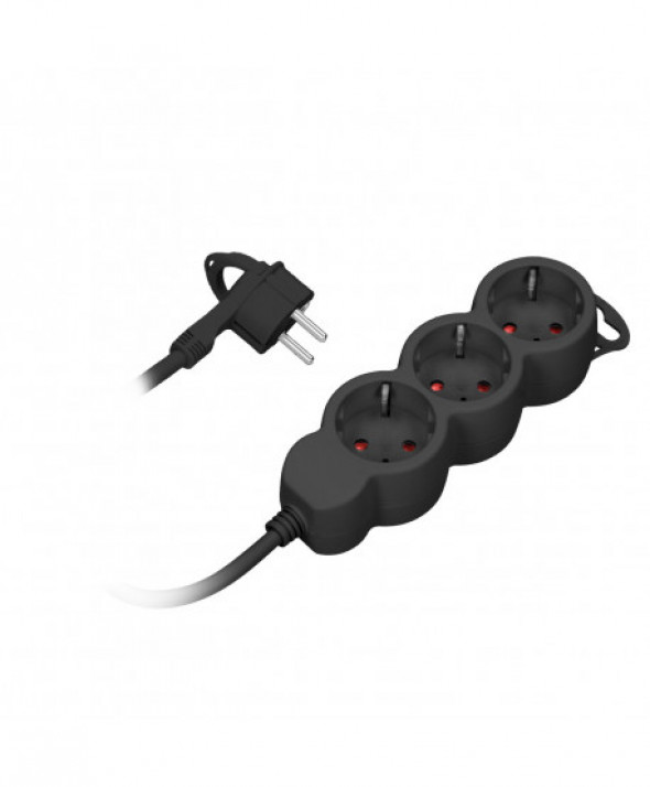 Przedłużacz 3-krotny 2P+Z (Schuko), 3m H05VV-F 3x1,0mm² , Imax 10A, płaska wtyczka, czarny