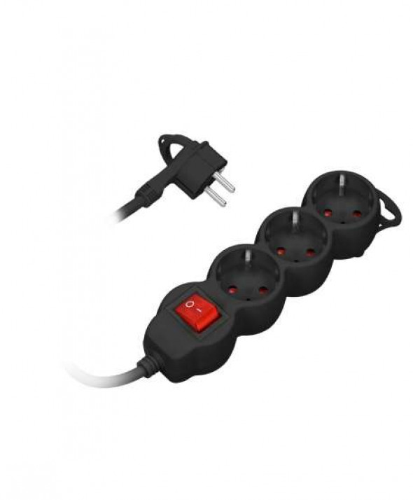 Przedłużacz 3-krotny 2P+Z (Schuko) z wyłącznikiem, 1,5m H05VV-F 3x1,0mm?, Imax 10A, płaska wtyczka, czarny