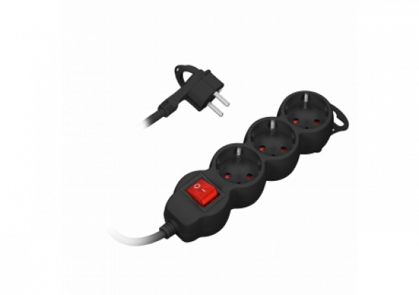 Przedłużacz 3-krotny 2P+Z (Schuko) z wyłącznikiem, 3m H05VV-F 3x1,0mm?, Imax 10A, płaska wtyczka, czarny