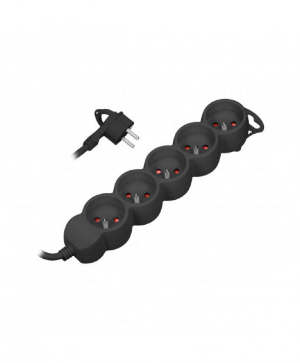 Przedłużacz 5-krotny 2P+Z, 3m H05VV-F 3x1,0mm², Imax 10A, płaska wtyczka, czarny