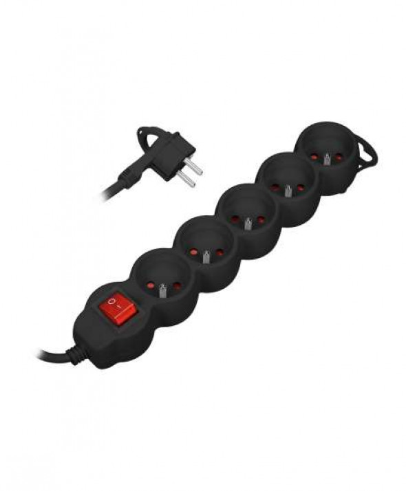 Przedłużacz 5-krotny 2P+Z, z wyłącznikiem, 3m H05VV-F 3x1,0mm?, Imax 10A, płaska wtyczka, czarny