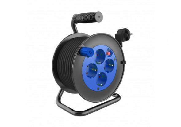 Przedłużacz bębnowy, 4 gniazda 2P+Z (schuko), kabel PVC H05VV-F 3x1.0mm?, długość - 30m, Termik, Przesłony torów prądowych.