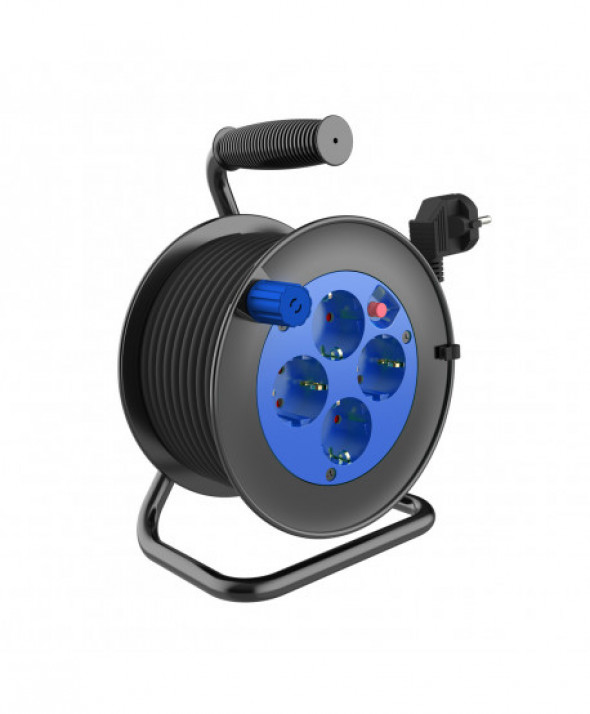 Przedłużacz bębnowy, 4 gniazda 2P+Z (schuko), kabel PVC H05VV-F 3x1.0mm², długość - 30m, Termik, Przesłony torów prądowych.