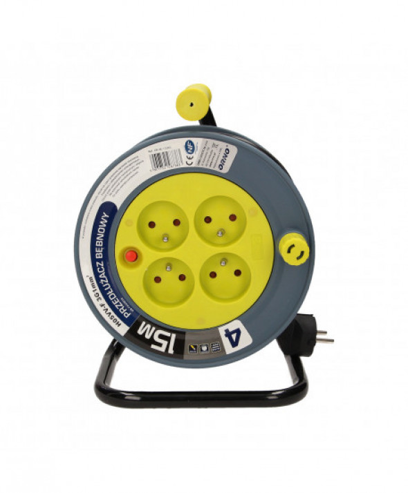 Przedłużacz bębnowy MINI, 4 gniazda 2P+Z, metalowy stojak, polwinit H05VV-F 3x1mm² , długość 15m, limonkowy