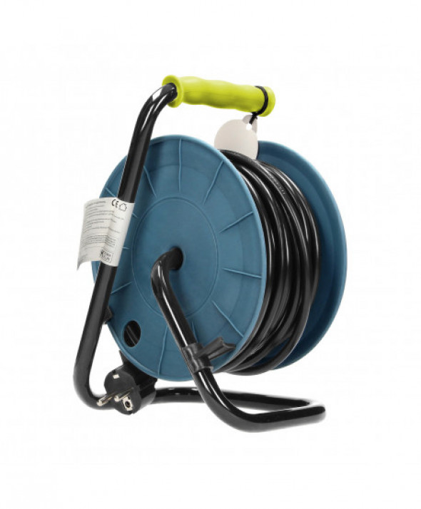 Przedłużacz bębnowy MINI, 4 gniazda 2P+Z, metalowy stojak, polwinit H05VV-F 3x1mm² , długość 15m, limonkowy, wersja schuko