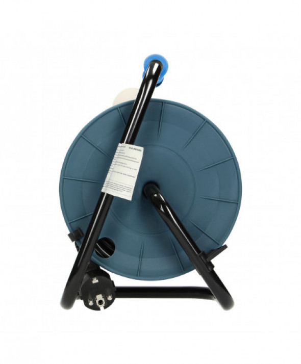 Przedłużacz bębnowy MINI, 4 gniazda 2P+Z, metalowy stojak, polwinit H05VV-F 3x1mm² , długość 15m, turkusowy, wersja schuko