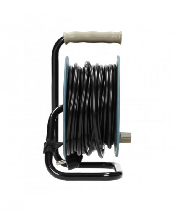 Przedłużacz bębnowy MINI, 4 gniazda 2P+Z, metalowy stojak, polwinit H05VV-F 3x1mm² , długość15m, szary, wersja schuko