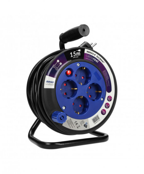 Przedłużacz bębnowy MINI, 4 gniazda 2P+Z (schuko), metalowy stojak, polwinit H05VV-F 3x1.5mm² - 15m