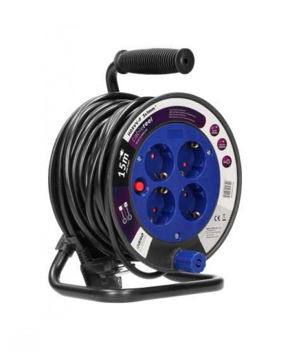 Przedłużacz bębnowy MINI, 4 gniazda 2P+Z (schuko), metalowy stojak, polwinit H05VV-F 3x1mm? - 15m