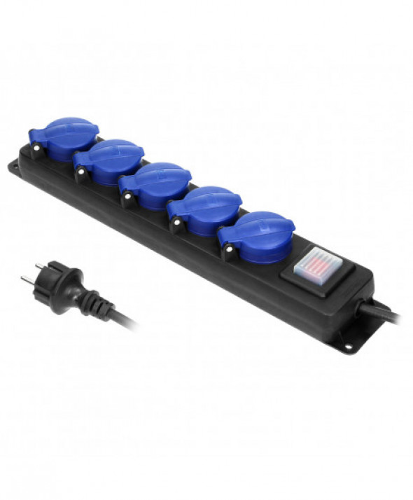 Przedłużacz warsztatowy bryzgoszczelny z wyłącznikiem, 5 gniazd 2P+Z (Schuko), IP44, przewód gumowy, H05RR-F 3x1,5mm?, długość 3
