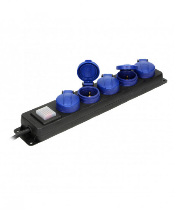 Przedłużacz warsztatowy bryzgoszczelny z wyłącznikiem, 5 gniazd 2P+Z (schuko), IP44, przewód gumowy, H05RR-F 3x1,5mm?, długość 5