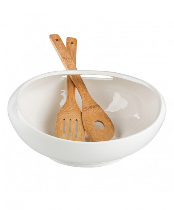 Salaterka / miska do sałatek z łyżkami bambusowymi porcelana Regular 30,5 x 30,5 x14,5 cm
