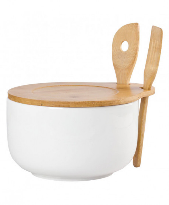 Salaterka / miska do sałatek z łyżkami z pokrywą bambusową porcelana