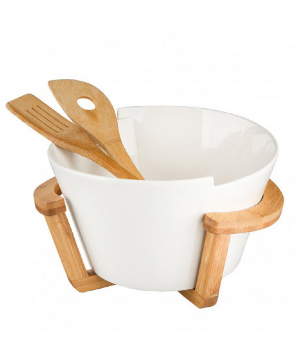 Salaterka / miska do sałatek z podstawą i łyżkami bambusowymi porcelana Regular 29 x 25 x16 cm