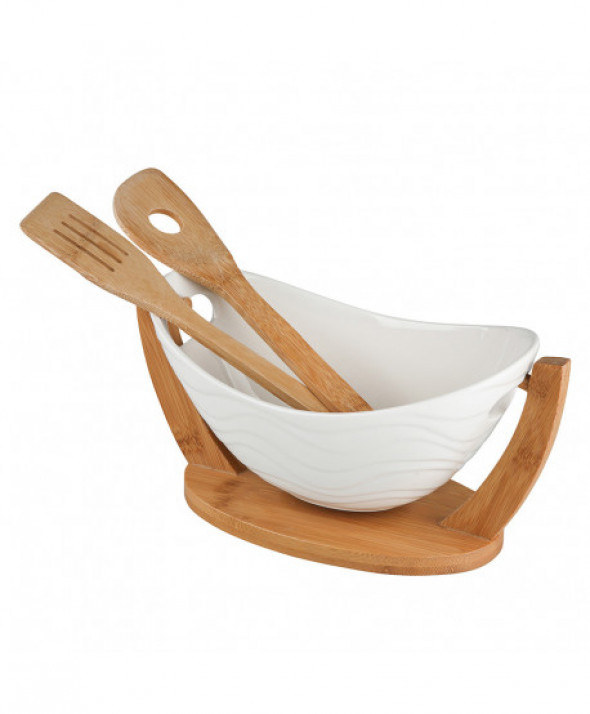 Salaterka / miska do sałatek z podstawą i łyżkami bambusowymi porcelana Regular 32 x 15 x16 cm