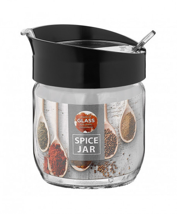 Słoik / pojemnik szklany na przyprawy z łyżeczką i pokrywą czarny 425 ml