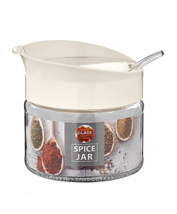 Słoik / pojemnik szklany na przyprawy z łyżeczką i pokrywą kremowy 300 ml