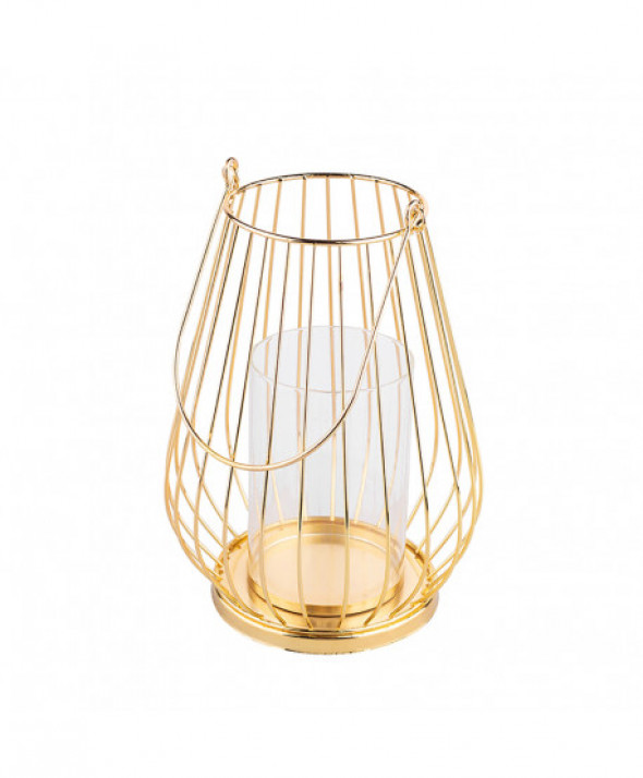 Świecznik / lampion metalowy szprosowy złoty 18 x 18 x 23 cm