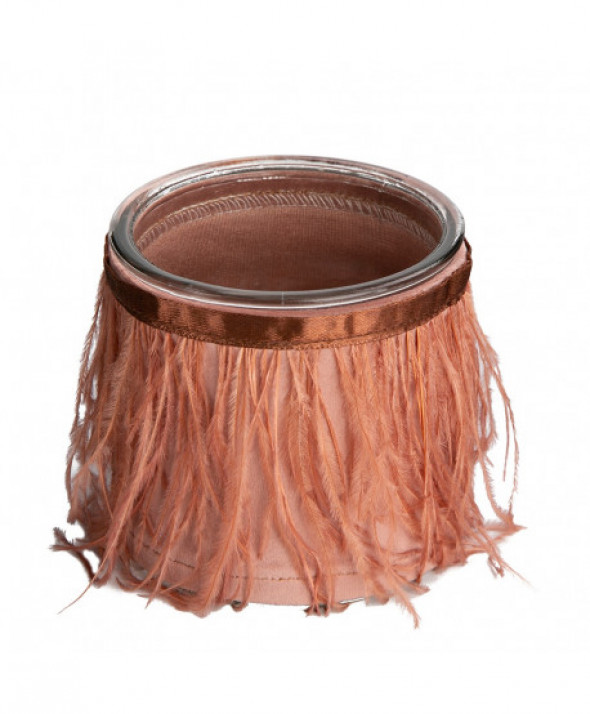 Świecznik / lampion szklany w welurowej osłonce z piórkami 10 x 10 cm