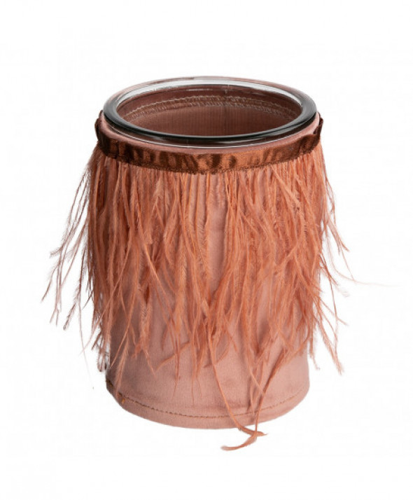 Świecznik / lampion szklany w welurowej osłonce z piórkami 10 x 15 cm