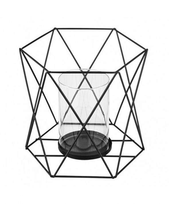 Świecznik metalowy geometryczny czarny 16,5 cm z wkładem szklanym