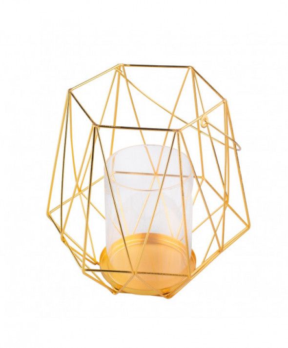 ŚWIECZNIK METALOWY GEOMETRYCZNY Z UCHWYTEM I SZKLANYM WKŁADEM 20X18X20 CM ZŁOTY