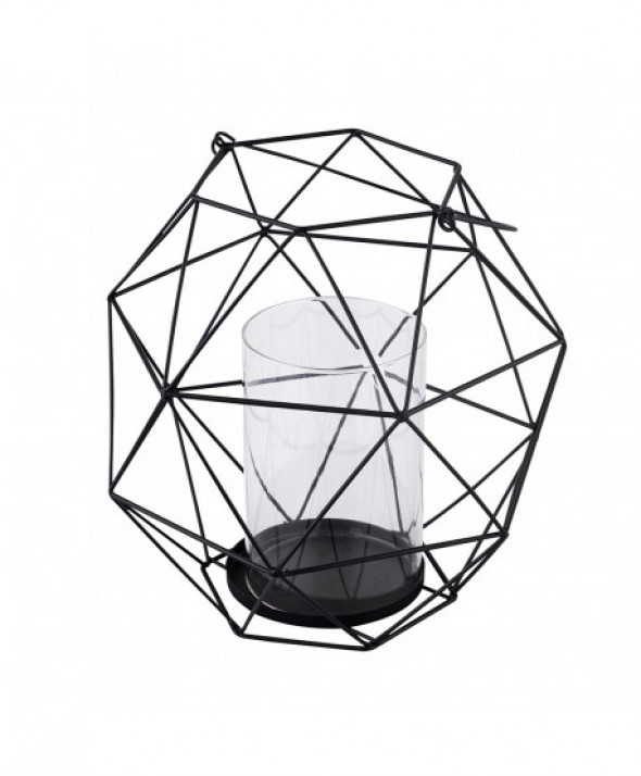 ŚWIECZNIK METALOWY GEOMETRYCZNY Z UCHWYTEM I SZKLANYM WKŁADEM 22X22X22 CM CZARNY