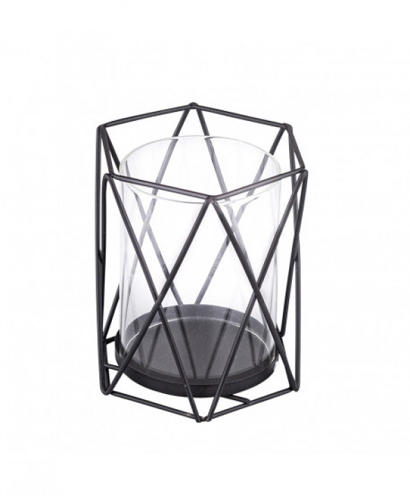 ŚWIECZNIK METALOWY GEOMETRYCZNY Z WKŁADEM SZKLANYM 9X9X12 CM CZARNY