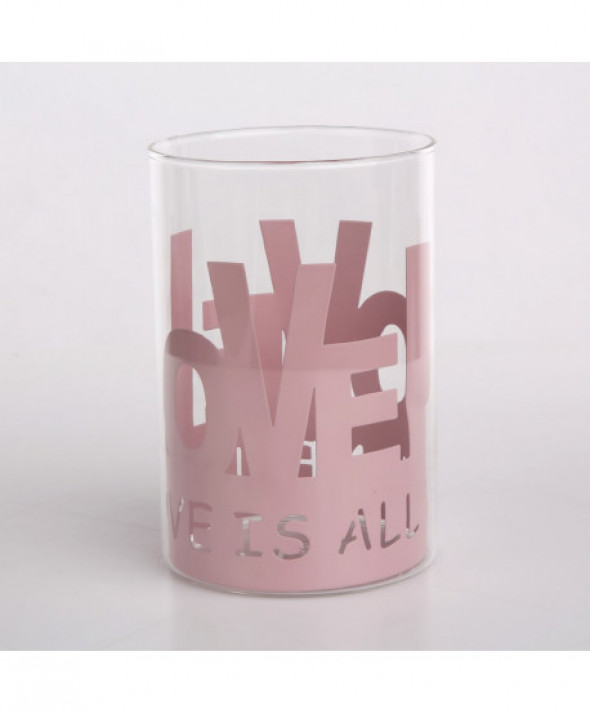 Świecznik szklany / lampion na świeczki tea light / podgrzewacze w metalowej osłonce Love różowy 10x15 cm