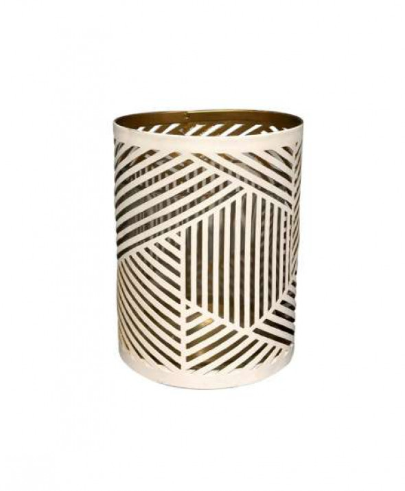 Świecznik szklany ozdobny dekoracyjny w metalowej osłonie biało-złoty 7,5 x 11 cm