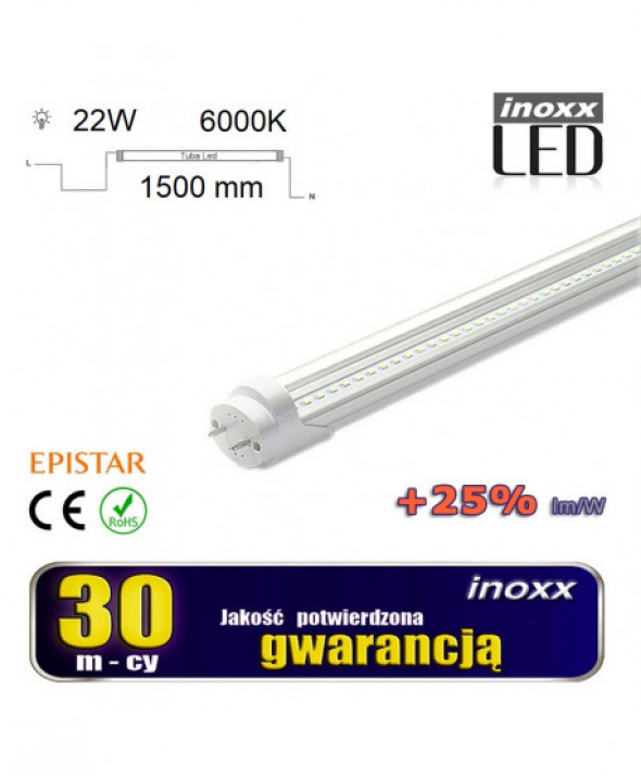 Świetlówka led 150cm 22w t8 6000k g13 zimna przezroczysta