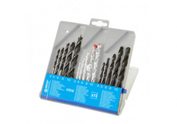 Wiertła komplet: beton(5), drewno(5), metal(5) pud.plast