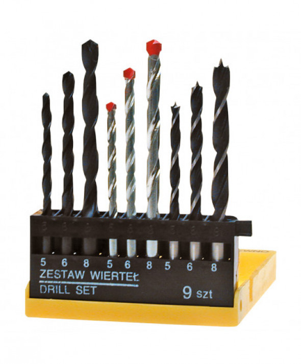 Wiertła różne (metal/beton/drewno), zestaw 9 szt.