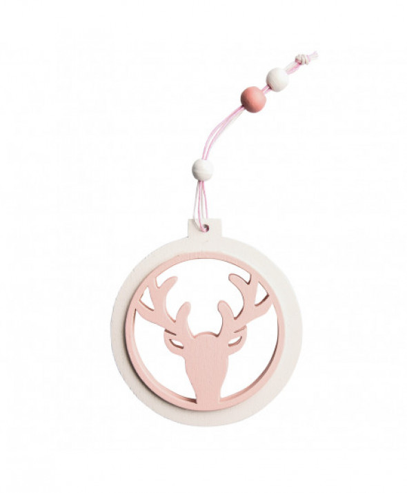 ZAWIESZKA DREWNIANA RENIFER ŚR. 9 CM RÓŻOWA