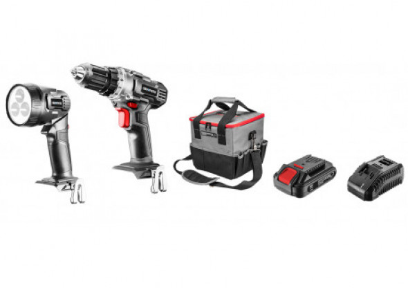 Zestaw elektronarzędzi akumulatorowych: wiertarko-wkrętarka, latarka, torba, akumulator Energy+ 18V, Li-Ion 2.0Ah, ładowarka