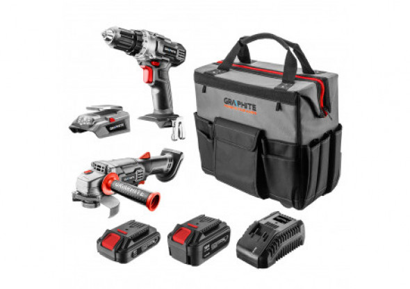 Zestaw Energy+ wiertarko-wkrętarka (58G000), szlifierka kątowa (58G003), adapter USB-latarka LED (58G025), akumulator 2.0Ah (58G