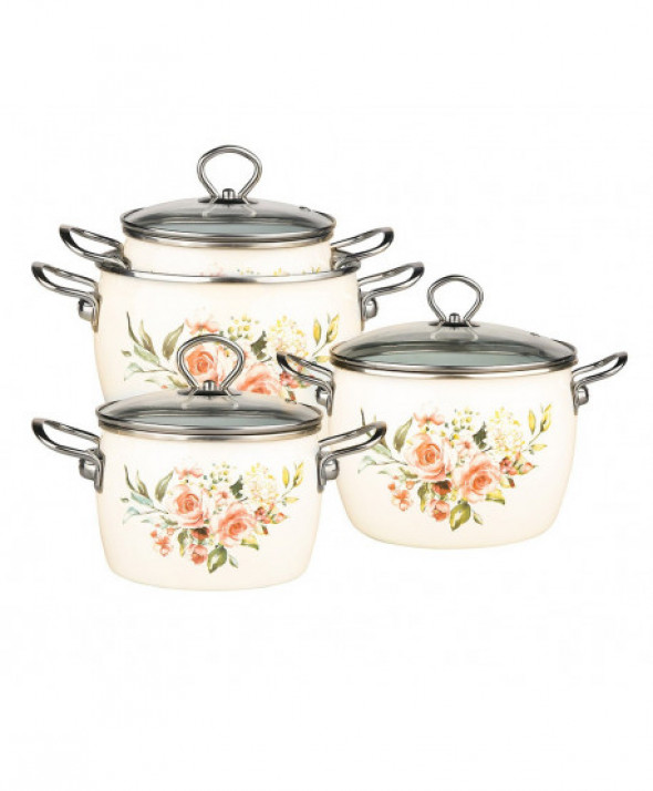 Zestaw garnków emaliowanych Silesia Rybnik "Balbina" kremowy dek. Roses (8 elementów)