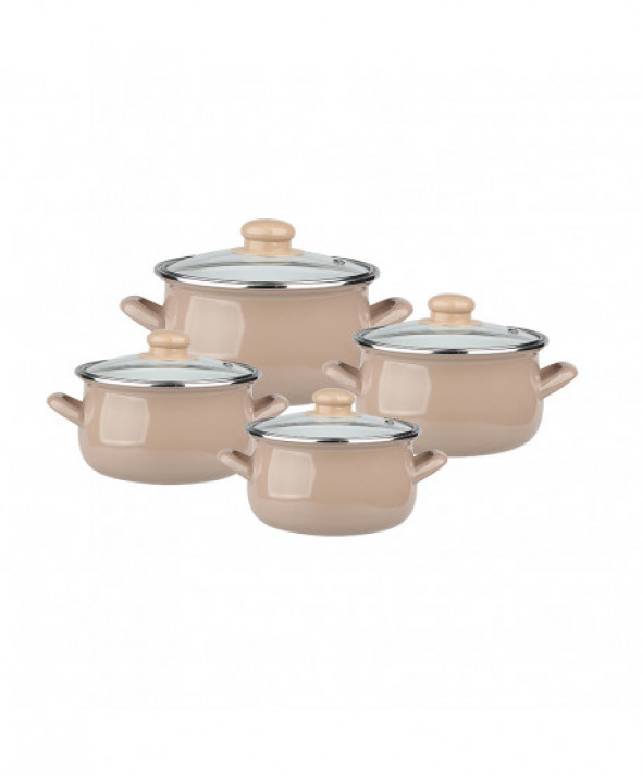 Zestaw garnków emaliowanych Silesia Rybnik Klara ze szklanymi pokrywkami, beżowy