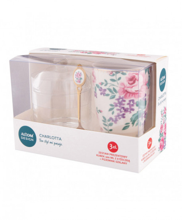 Zestaw prezentowy kubek porcelanowy z łyżeczką i cukiernica Charlotta
