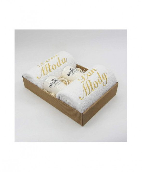 Zestaw ręczników z kubkiem - biały, Pani Młoda Pan Młody