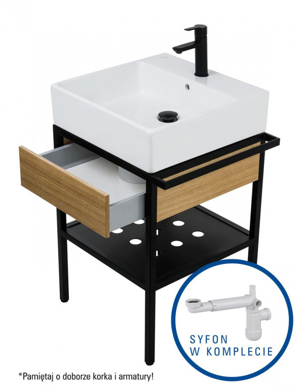 Deante Temisto Umywalka stawiana na blacie + konsola łazienkowa z szufladą 56x50 cm + syfon space saver CDTD6U5S