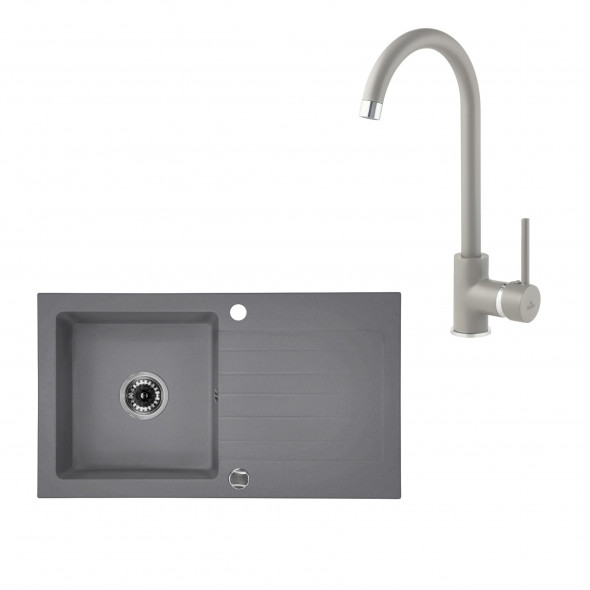 Deante Zorba Komplet zlewozmywak granitowy 1-komorowy z ociekaczem 76x44 cm + bateria zlewozmywakowa stojąca szary ZQZBS113