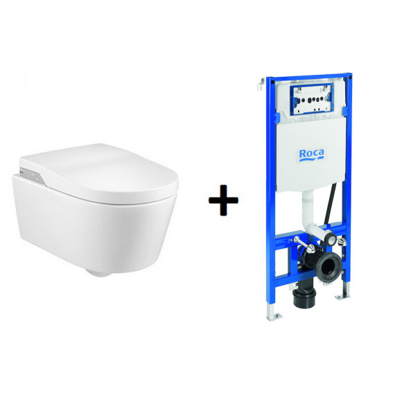 PROMOCJA! Stelaż za 1zł Toaleta myjąca podwieszana Roca Inspira Rimless zasilanie 230V A803060001 + Stelaż Duplo One Smart 119×47,5 cm A890078020