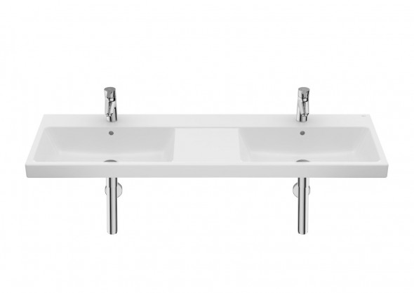 Umywalka ścienna podwójna z 2 otworami na baterię Roca Gap 140x46 cm biały Supraglaze® A3270MUS00