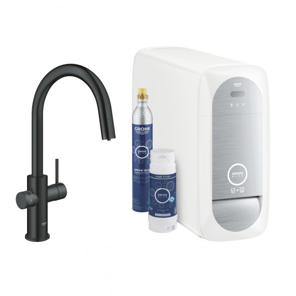 Zestaw startowy z wylewką w kształcie C Grohe Blue Home aksamitna czerń 31541KS0