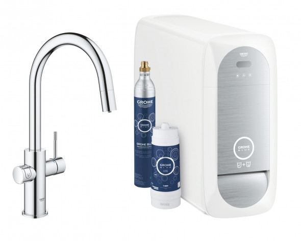 Zestaw startowy z wylewką w kształcie C Grohe Blue Home chrom 31541000