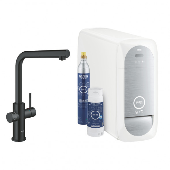 Zestaw startowy z wylewką w kształcie L Grohe Blue Home aksamitna czerń 31539KS0