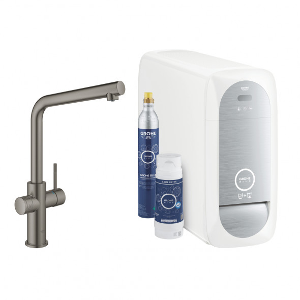 Zestaw startowy z wylewką w kształcie L Grohe Blue Home brushed hard graphite 31454AL1