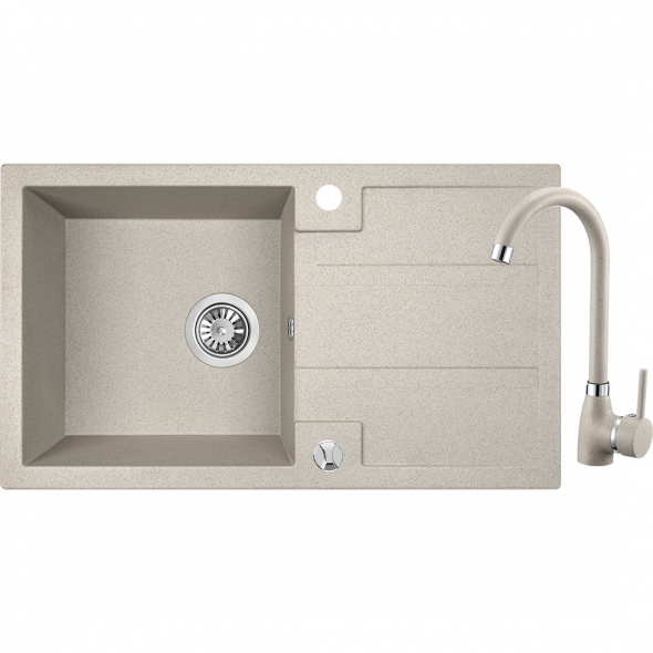 Zlewozmywak granitowy w zestawie z baterią stojącą granitową Laveo Barbados 76x44 cm 1-komorowy z ociekaczem beżowy SBBA411T