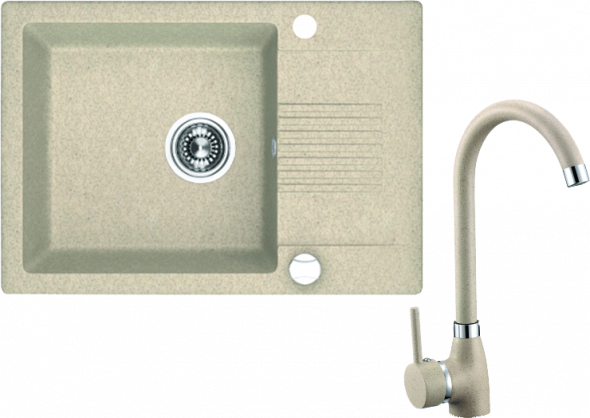 Zlewozmywak granitowy w zestawie z baterią stojącą granitową Laveo Celia 65x44 cm 1-komorowy z ociekaczem beżowy SJCG413T